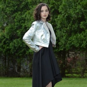 BCBG Max Azaria Metallic Woven Silver Jacket, XXS